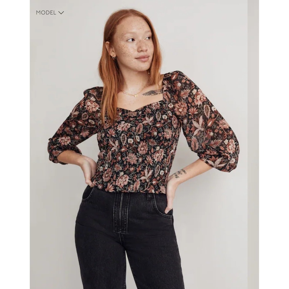 Madewell Smocked Top Floral Balloon Sleeve New XS Sweetheart Neck Long Sleeve